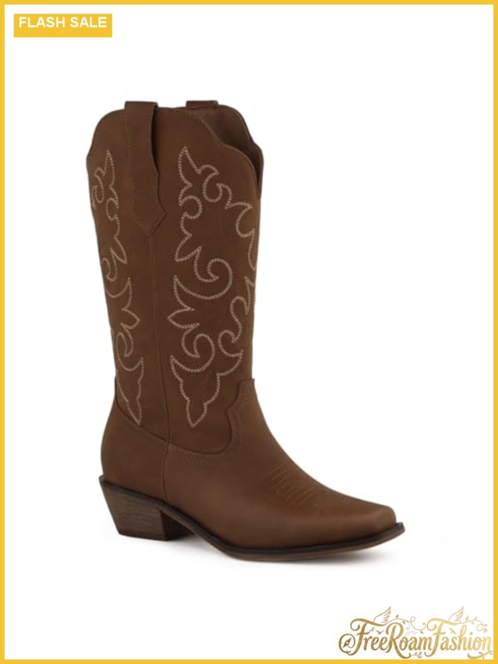 Faux Leather Square Toe Mid-Calf Western Cowboy Boots Block Heel